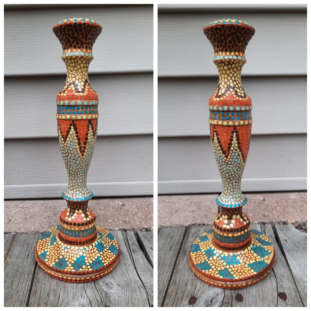 ONE handpainted vtg wood candle holder dot art upcycled